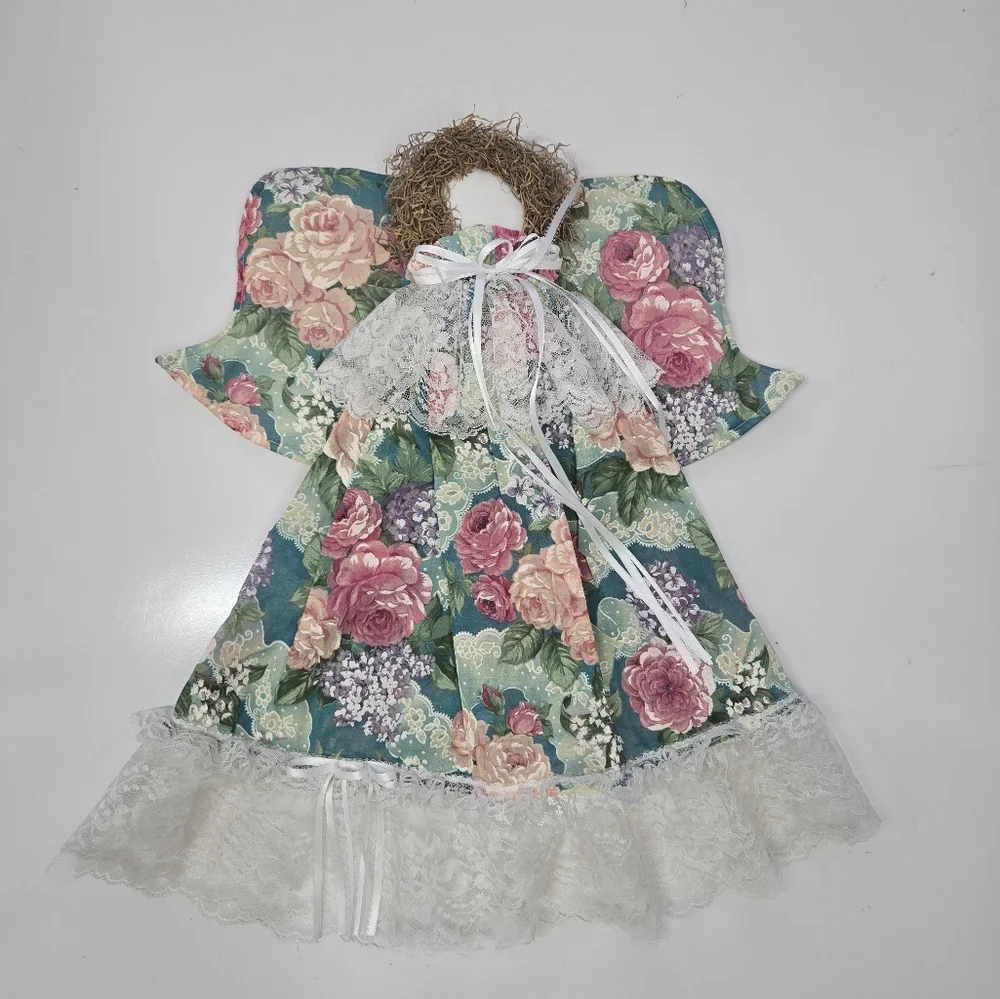 Vtg Hand Made Hanging Holy Angels Fabric Angel Floral‎ Lace Christmas Folk Art